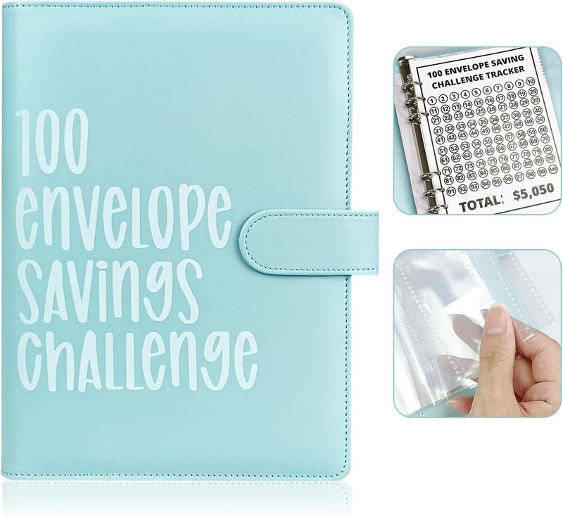POUYRBA 100 Envelope Challenge Binder, Leather 52 Week Money Saving Challenge Binder Easy and Fun Way for 100 Envelopes Money Saving Challenge Budget Binder for Budgeting Planner & Saving Money - Image 1